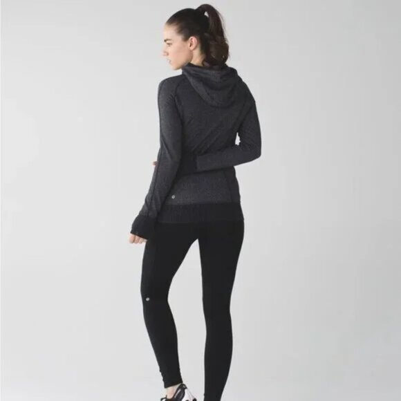 Lululemon Think Fast Hoodie Heathered Herringbone Pullover Black/Black Size 6 - Picture 5 of 12